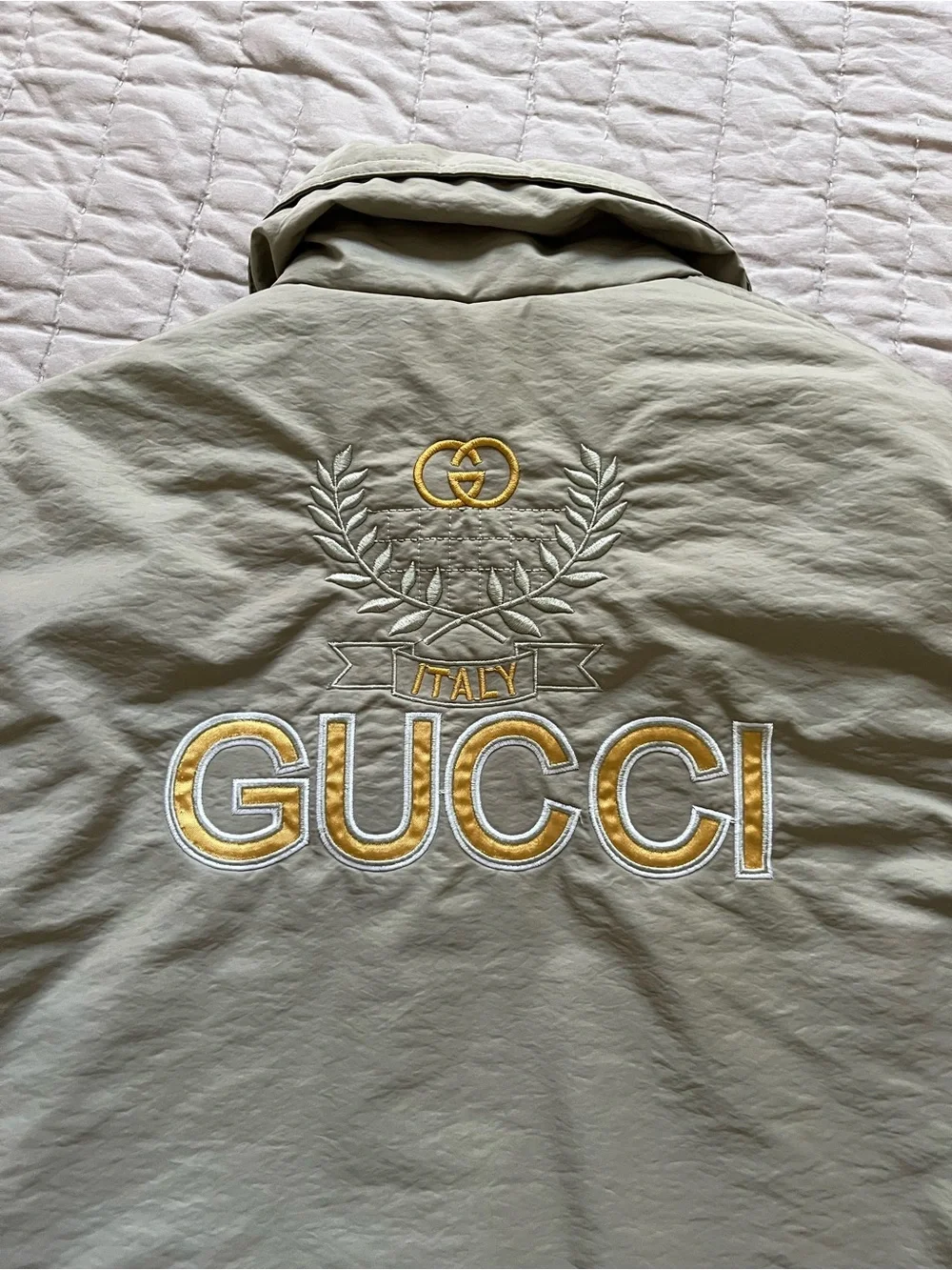Gucci Light Khaki Embroidered Logo Bomber Jacket with Gold Accents